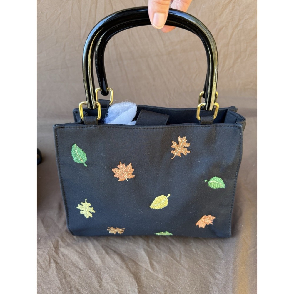 Vtg Y2K Madison Studio Black Handbag Bag Purse Fall Autumn Embroidery Leaves